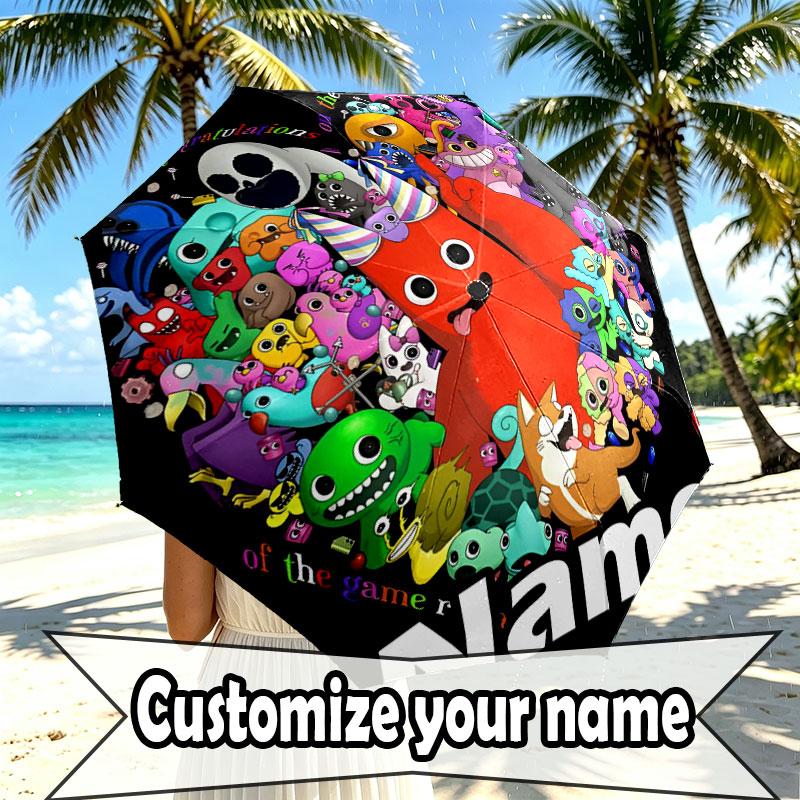 Custom Name Personalized Game Rainbow Friends Print Umbrella, Auto Open Close, 8‑Rib Sturdy Frame, Commute Camping Hiking Use, Birthday Gift