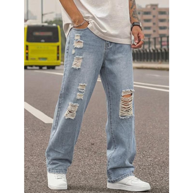 American high street light blue washed big hole men's loose straight wide-leg denim trousers