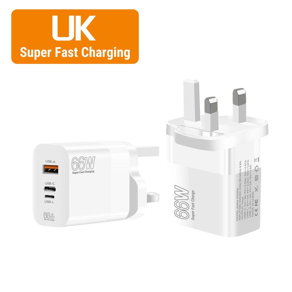 66W Ultra-Fast Charging Adapter with EU/US/UK Plug for Apple, Huawei, Xiaomi Phones