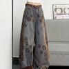 Jeans a Gamba Larga con Design Jacquard Retrò per Donna Invernali Nuovi a Vita Alta Larghi Slim Versatili Pantaloni Scimitarra