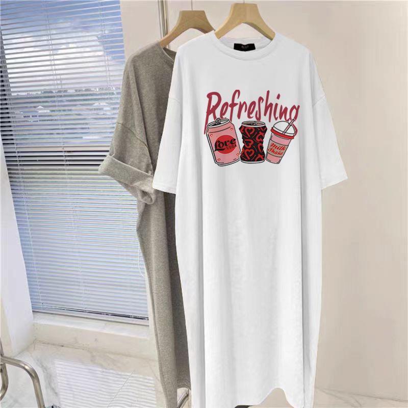 Średnia i Długa Czarna Bawełniana Sukienka z Krótkim Rękawem do Kolan dla Kobiet Letnia Najnowszy Zagraniczny Styl Wygodny Krój Spódnica T-shirt z Rozcięciami
