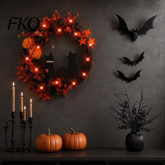 Orange Warm Light Halloween Decor Floral Garland, with String Lights, Black Cat Silhouette Nighttime Glowing Wreath Wreath, for Front Door