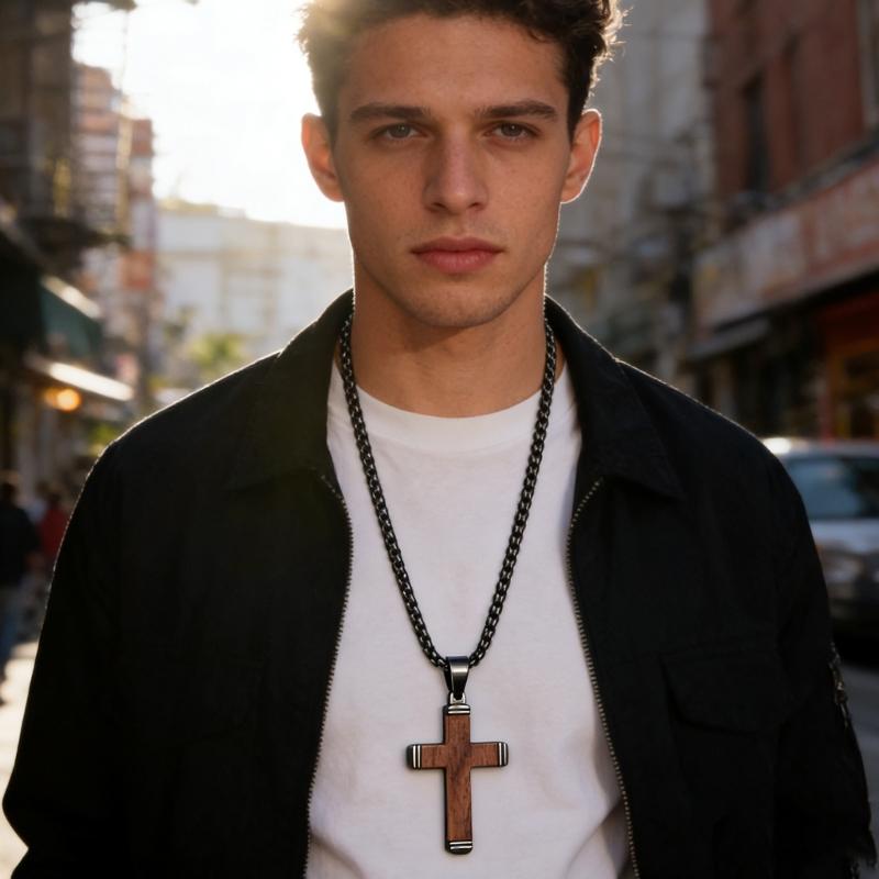 Handcrafted Wood And Stainless Steel Crucifix Pendant Necklace For Men And Boys Unique Design Natural Texture