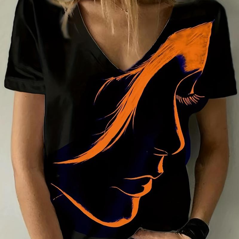 Figure Print V Neck T-Shirt, Casual Short Sleeve Top For Spring & Summer, Women's Clothing