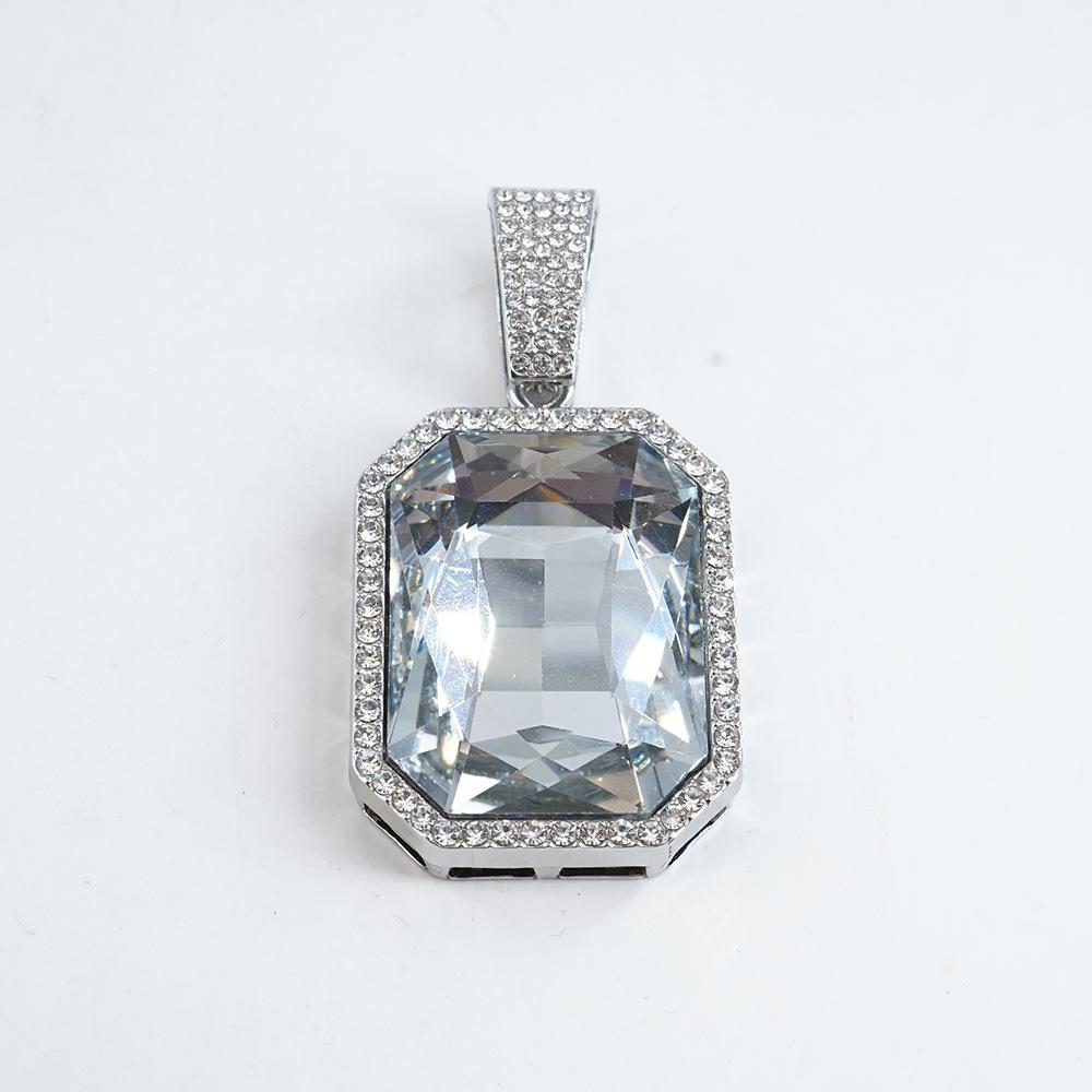

European and American Jewelry Fashion Square Colored Gemstone Necklace Pendant for Men, Hip-hop Style, Full Diamond Cuban Chain Necklace, Unisex