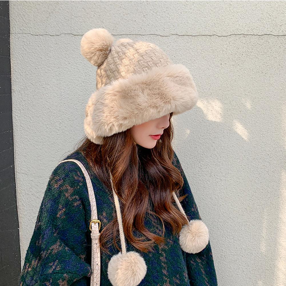 Winter Hat For Girls Faux Fur Pompom Knitted Hat For Outdoor