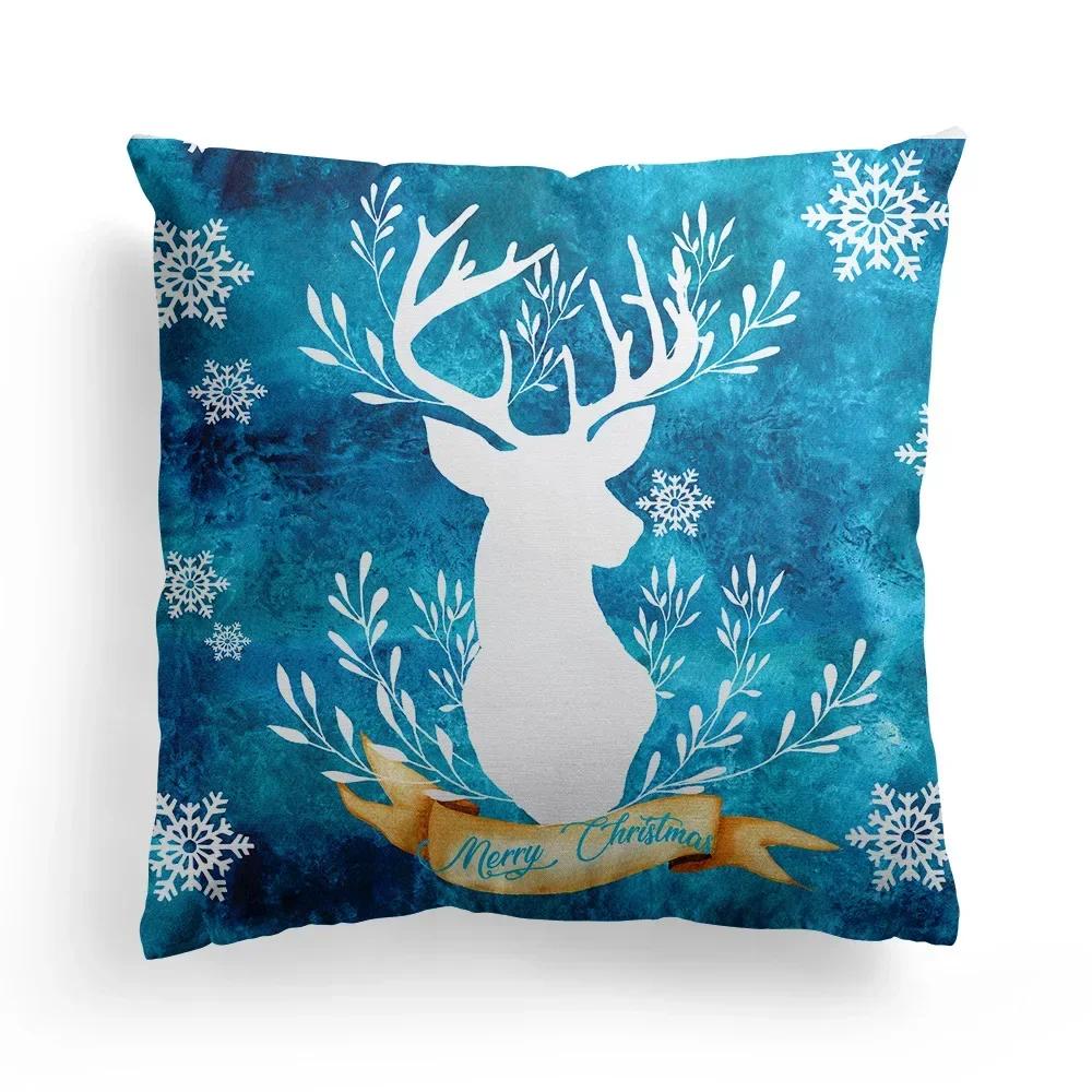 Christmas Western Blue Watercolor Elk Throw Pillow Cover With Short Plush Print For Living Room Sofa Decoration Cushion Cover