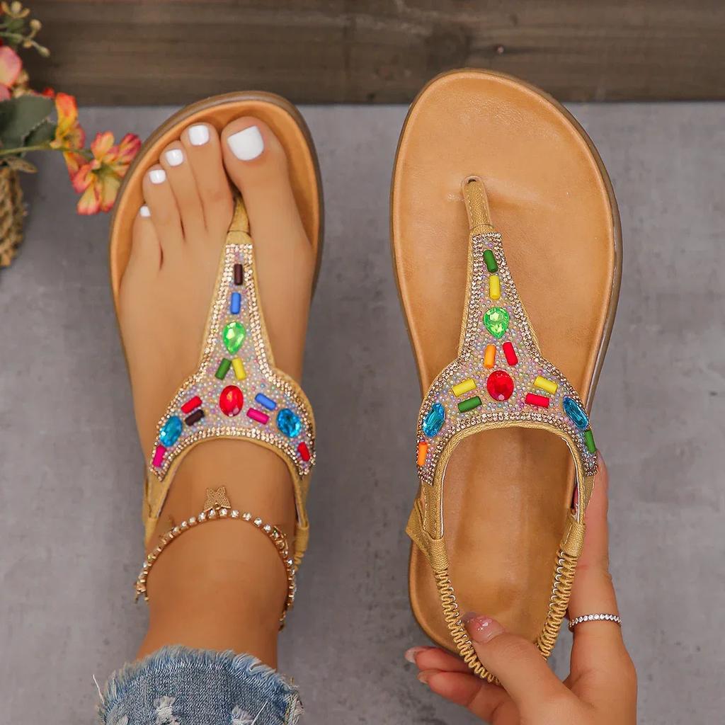 Fashion Colorful Crystal Bohemian Sandals Women Summer Anti Slip Clip Toe Beach Sandles Woman Comfy Flat Heel Gladiator Sandalias Mujer