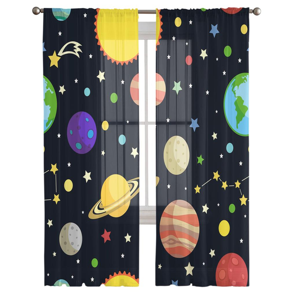Cartoon Planet Universum Galaxie Chiffon Transparente Vorhänge für Wohnzimmer Schlafzimmer Heimdekoration Fenster Voile Tüll Vorhang Drapierungen