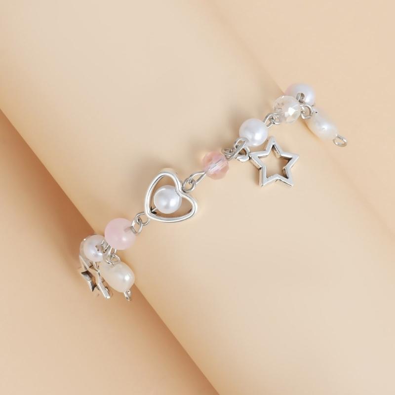 Handcrafted Beaded Bracelet with Heart Star Wing Pendant Wristband Pearls Bowknot Bracelet Adjustable Chain Jewelry Gift