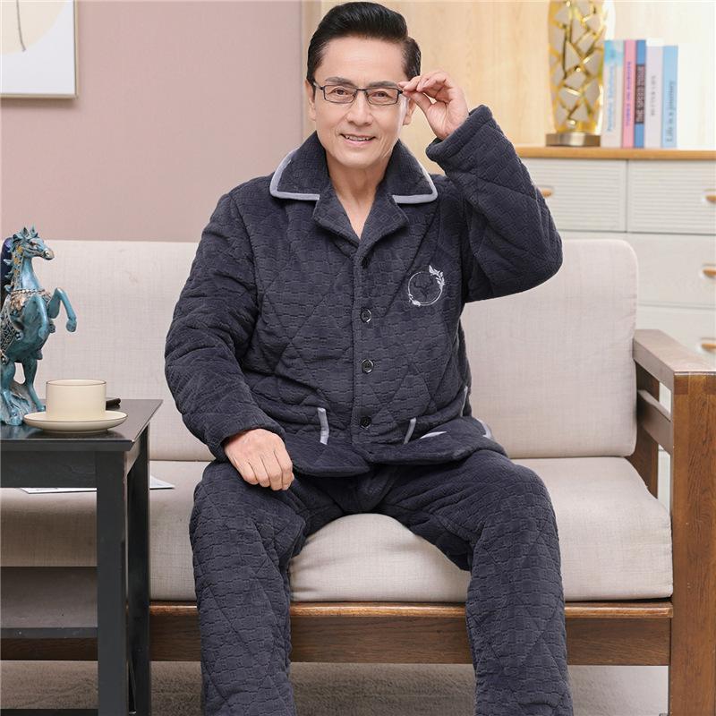 Winter Coral Fleece Men's Pajamas Three-layer Thick Quilted Middle-aged and Elderly Grandpa Flannel Home Service Padded Jacket Suit
