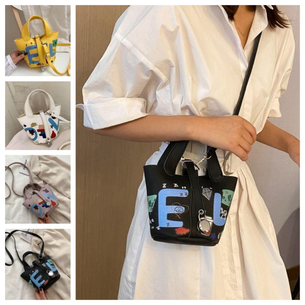 

Large Capacity PU Tote Bag Letter Crossbody Bag Casual Graffiti Bucket Bag Women