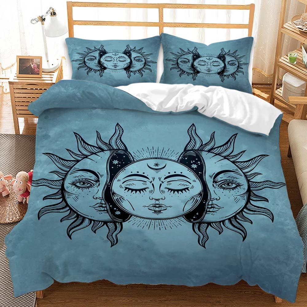 Three-Piece Sun And Moon Quilt Cover Digital Printing Bedding Kit Simple Style