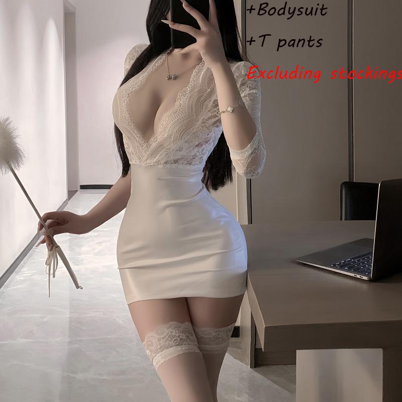 Sexy Office Lady Cosplay Costumes Women Sexy Lingerie Stewardess Outfit Secretary Bodysuit Uniform Purple Lace and Leather Dress