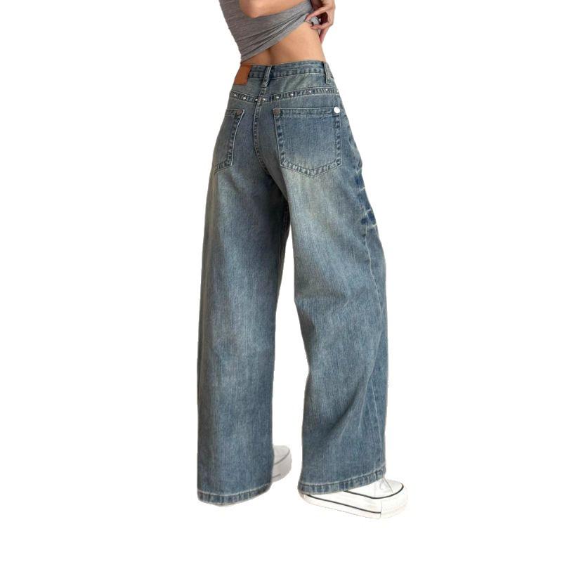 Women's Retro Blue Rivet Wide-Leg Jeans: Spring/Autumn 2025 Distressed Street Style Straight-Leg Pants