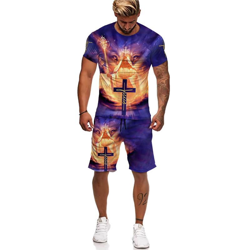 3D Jesus Loves Everyone Křesťanské tričko Léto Pánský oblek Krátký rukáv Šortky Lion Cross Print Streetwear 2 kusy Activewear