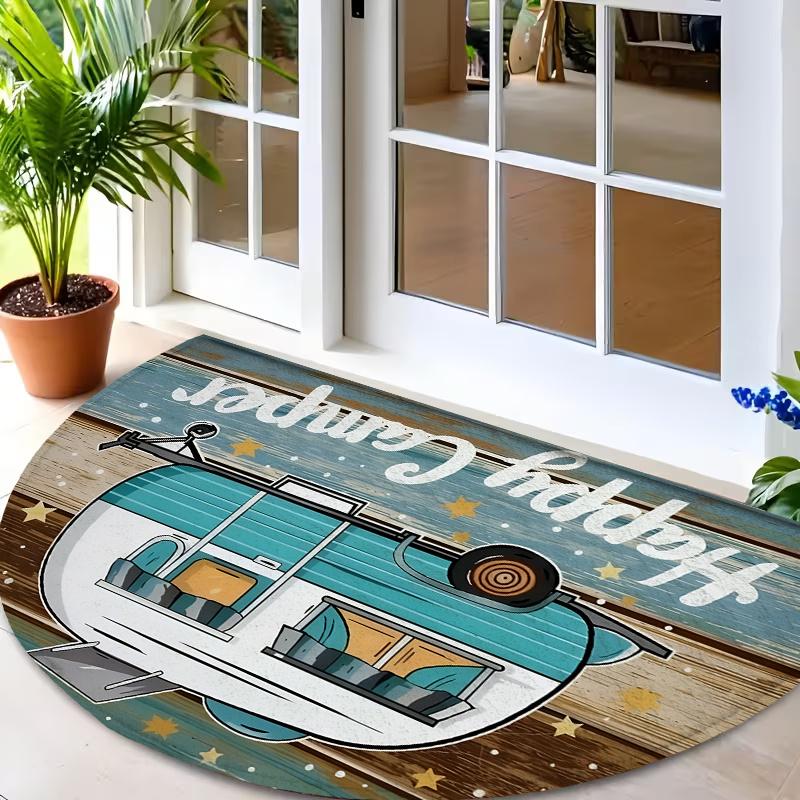 Happy Camper Semicircle Doormat Retro Camper Van Non-Slip Floor Mat for Entryway Camping Themed Rug for RV Camper Home Decor 60cm by 90cm