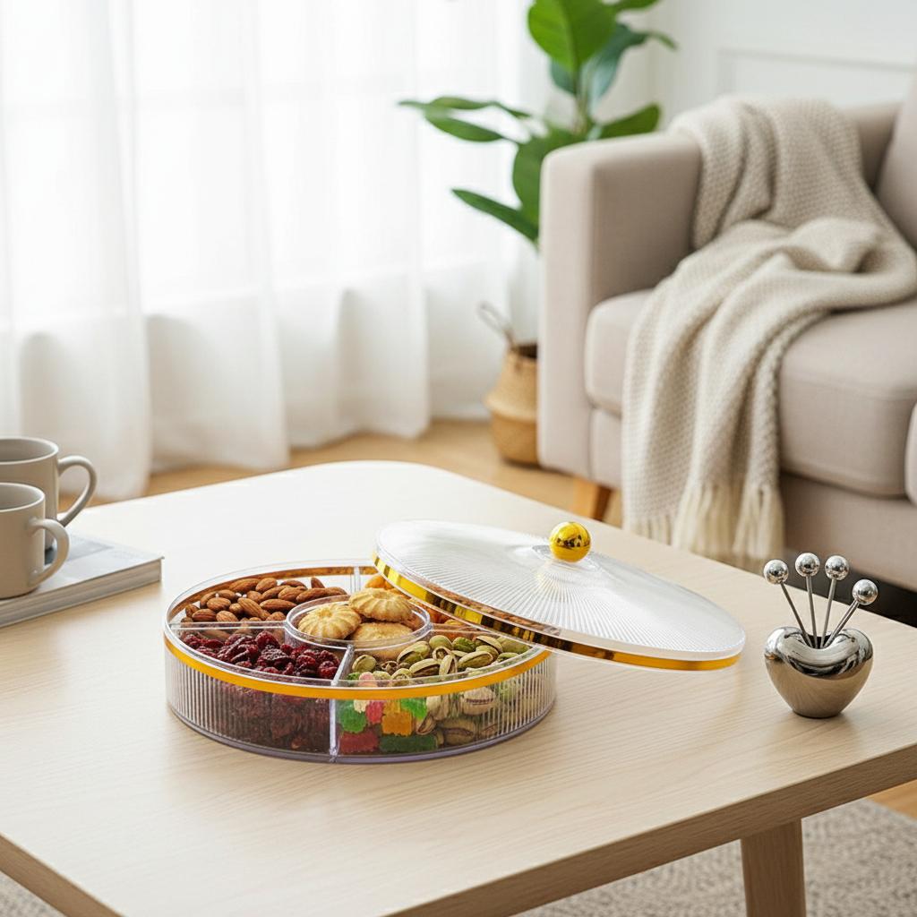 Premium Covered Nut Platter With Compartment Design For Snacks And Fruits Storage