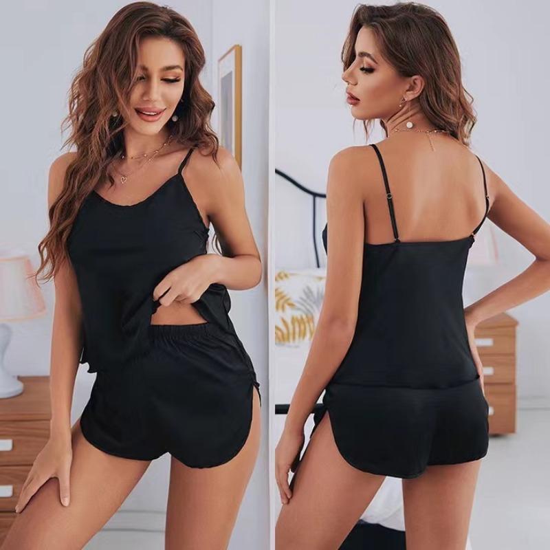 

2 шт./компл. атласный жилет-пижама женская с V-образным вырезом сексуальная пижама-шорты черного цвета можно носить на улице свободно большого размера 2XL чёрный