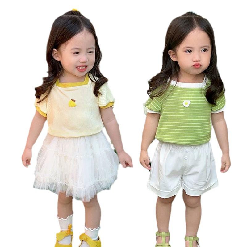 2024 Fashionable Baby Girl Square Neck Summer T-shirt - Short Sleeve Toddler Top