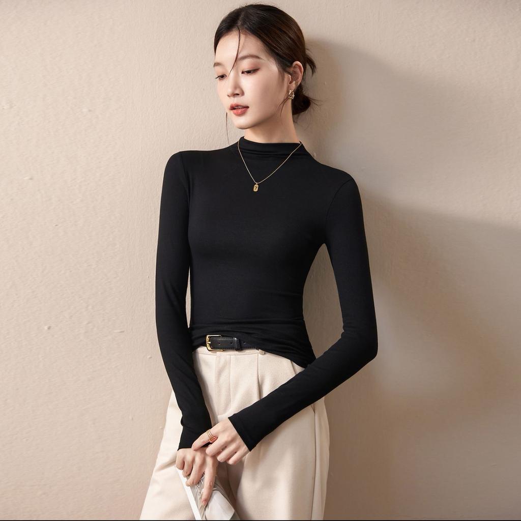 Women Fleece Mock Neck Thermal Tops Long‑Sleeve Slim Fit Basic Undershirt T‑Shirt M‑3XL