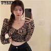 Oberteil mit Leopardenmuster Langarm Slim Fit Kurze Crop-Tops Damen Koreanisch Skinny Slim Unterhemd Babes Nische T-Shirt Y2k Tee