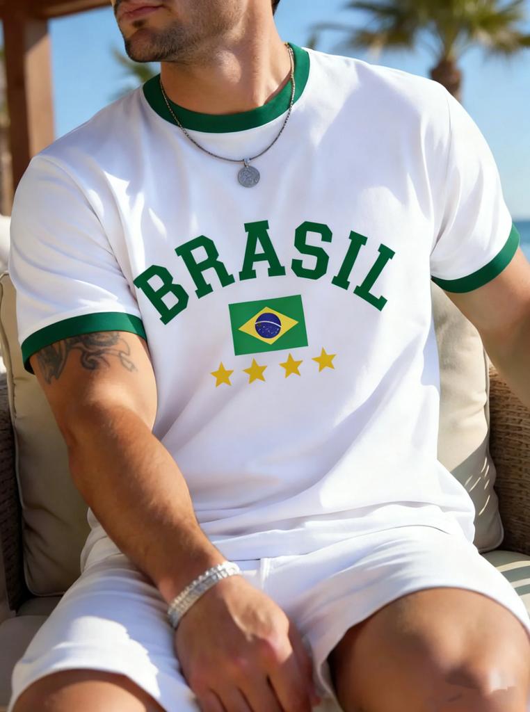 Brasiliansk flagga 3D-tryckt t-shirt sommar casual rund hals kortärmad topp trendig herr sporttröja