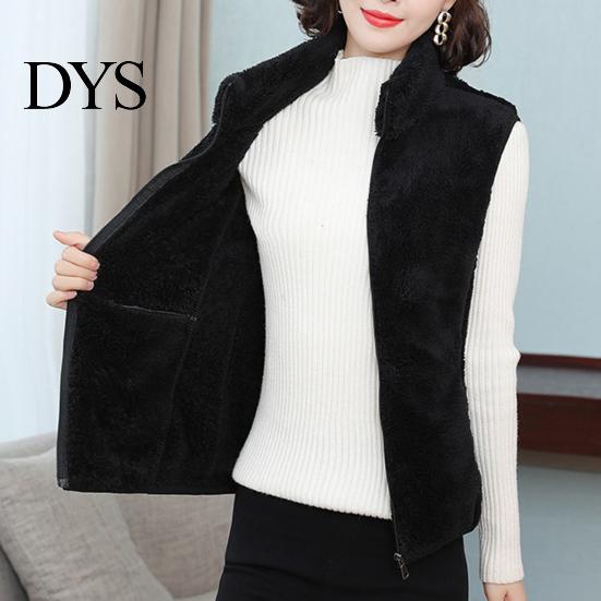 Women Sleeveless Waistcoat Autumn Winter Solid Color Plush Stand Collar Flush Vest Coat Pockets Zipper Placket Thickened Double Sides Fleece