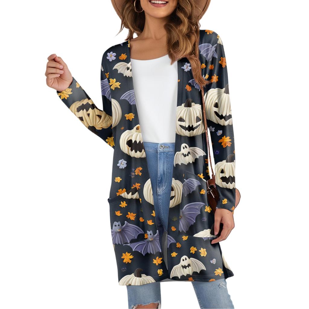Women's Fashion Casual Comfortable Halloween Printed Mid-Length Cardigan With Pockets Jacket