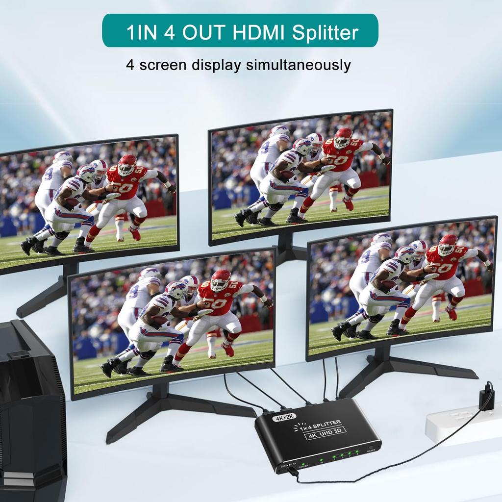 HDMI Splitter, 4K HDMI Splitters 1 In 4 Out for Dual Monitors Supports 3D Full HD 1080P Aluminum Compatible for PS4 Fire Stick HDTV(1 Source To 4