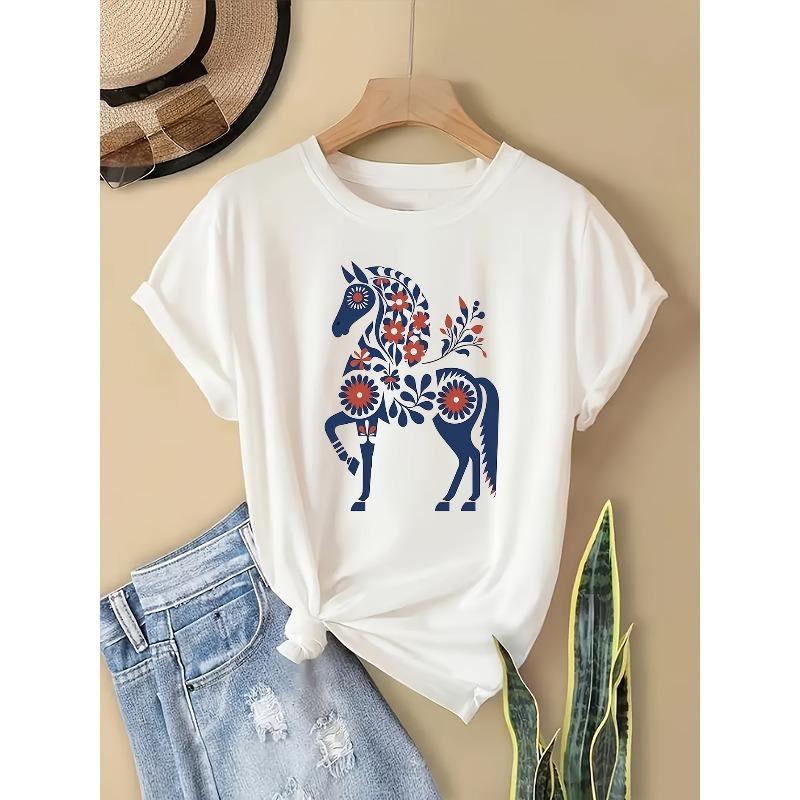 European Size Fashionable Vintage Style Women'S Casual Sports Short-Sleeve T-Shirt with a Patterned Horse Print.