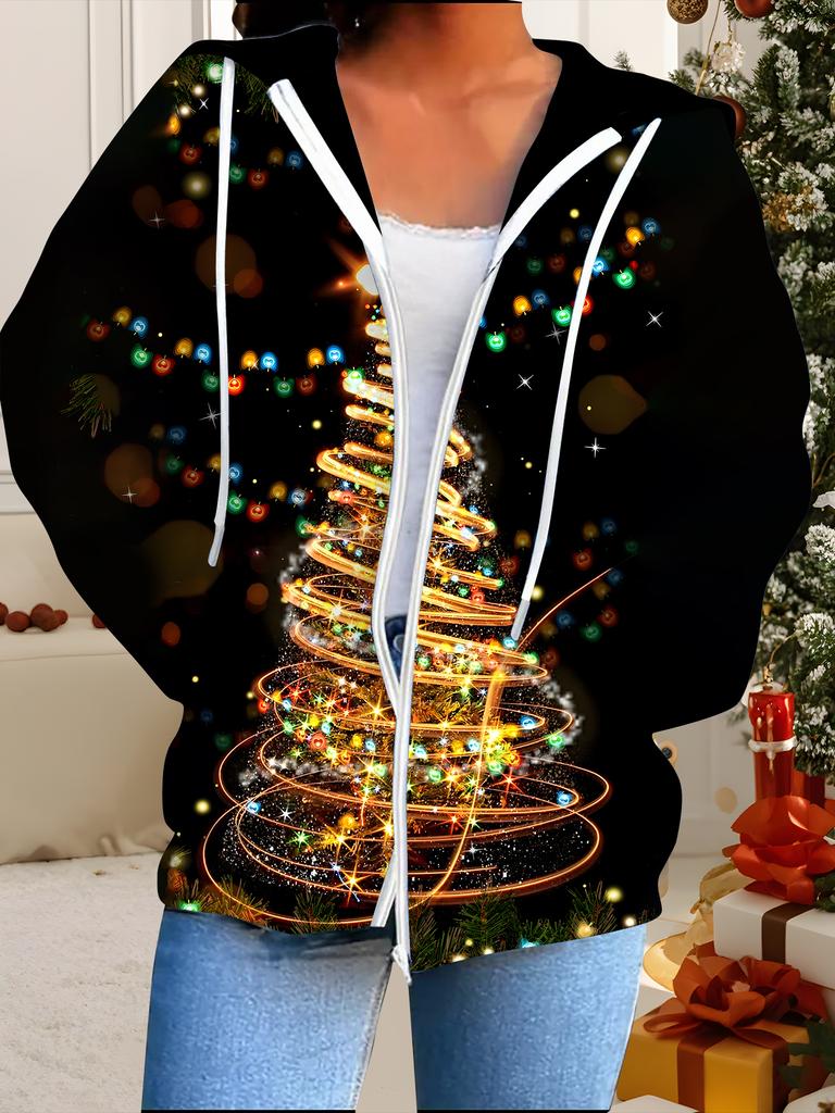 Christmas 3D Printed Hooded Cardigan Plus Size Autumn Winter Retro