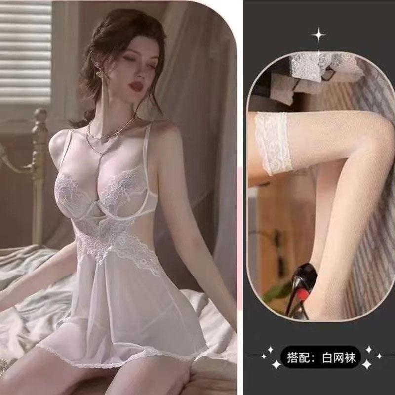 Sex Underwear Women's Low-cut Breast Burst Steel Tray Gathers Lace Suspender Skirt Set Sexy Temptation Transparent Pure Desire Nightdress