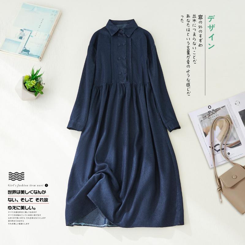 

2025 весна новая рубашка с длинным рукавом свободного кроя воротник внахлест плиссированное двубортное джинсовое платье с длинным рукавом женское Large size L темно-синий