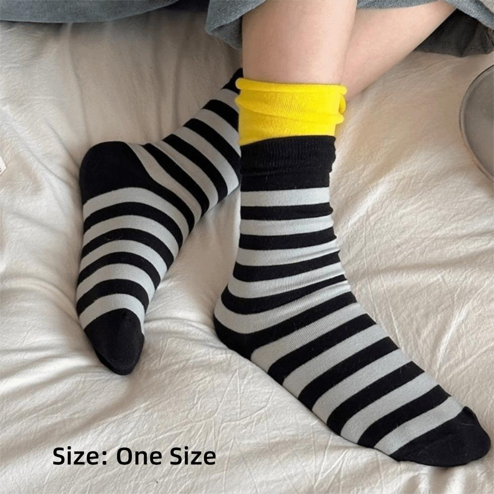 Striped Sports Socks Rolled Edge Double-Layer Socks Kawaii Mid Tube Socks For Women