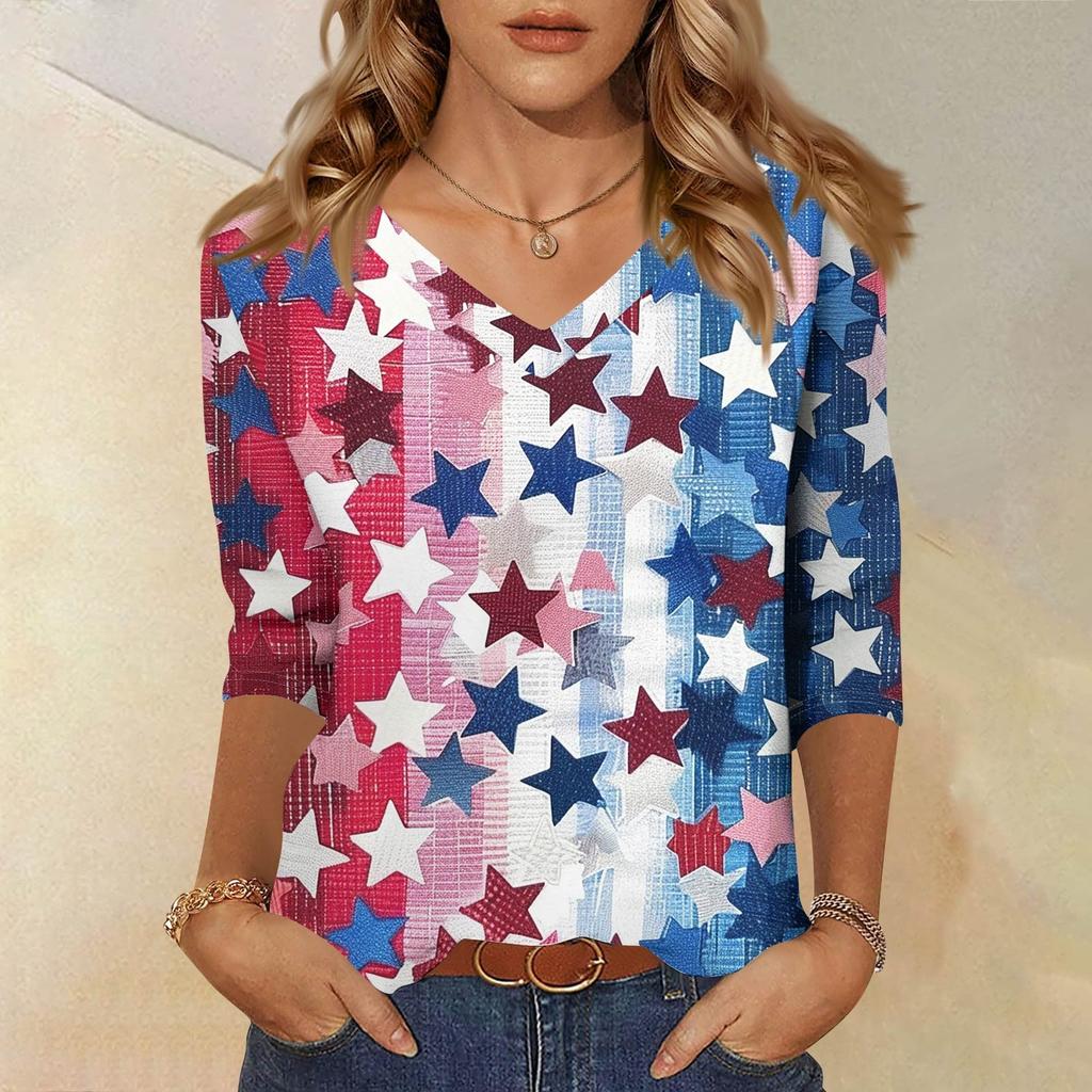 Women's Tops Three-quarter Sleeve Shirt V-neck Loose Casual Shirt Print T-shirt
