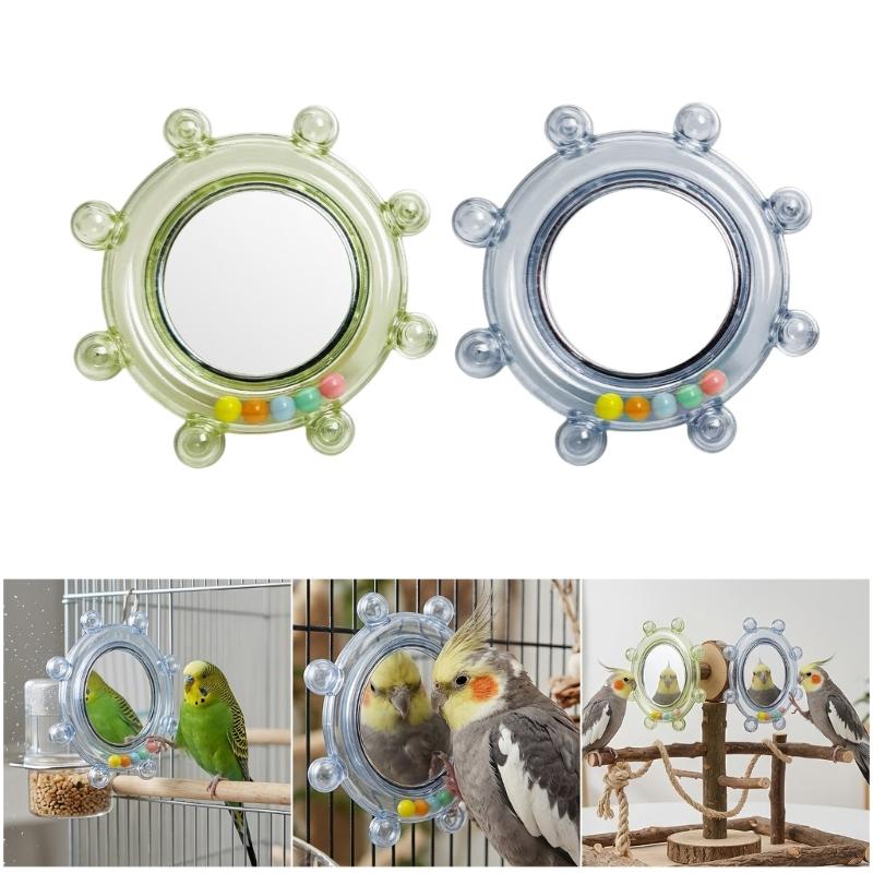 Pet Bird Mirror Play Toy for Small Companion Birds, Rotating Round Cage Mirror with Plastic Frame, 2 Piece Enrichment Set for Routine Use