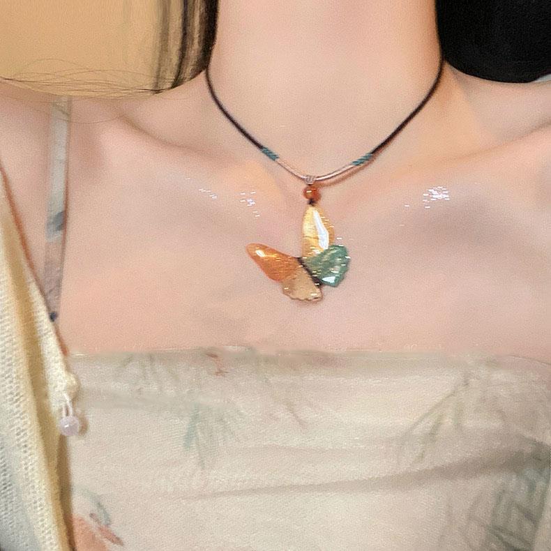 New Chinese Zen Ethnic Style Butterfly Necklace Women'S High Sense Retro Collarbone Chain Sweater Chain Accessories