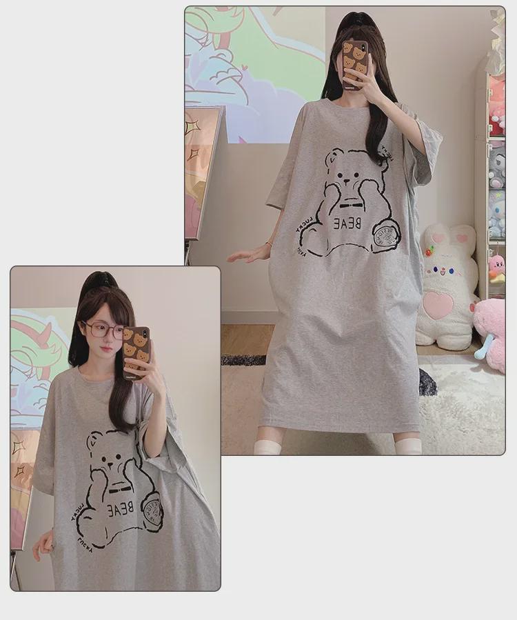 Women's Plus Size Cotton Nightdress - Cute Cartoon, Round Neck, Long Sleeve, Spring/Summer