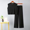 2025 Women Summer Knit 2 Piece Outfits Solid Sleeveless Split Tank Tops Knitted High Waist Wide Leg Pants Set Loungewear Gray
