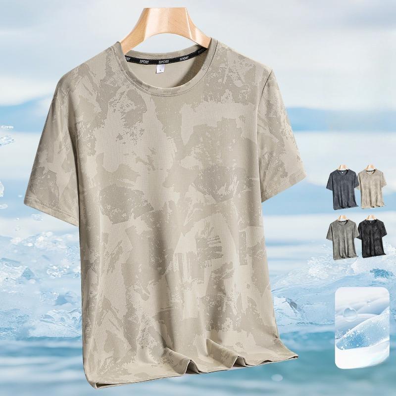 Summer Men Breathable Ice Silk Short Sleeve Tee Elastic Crew Neck Casual Fashion High Quality Sports Running Plain Top