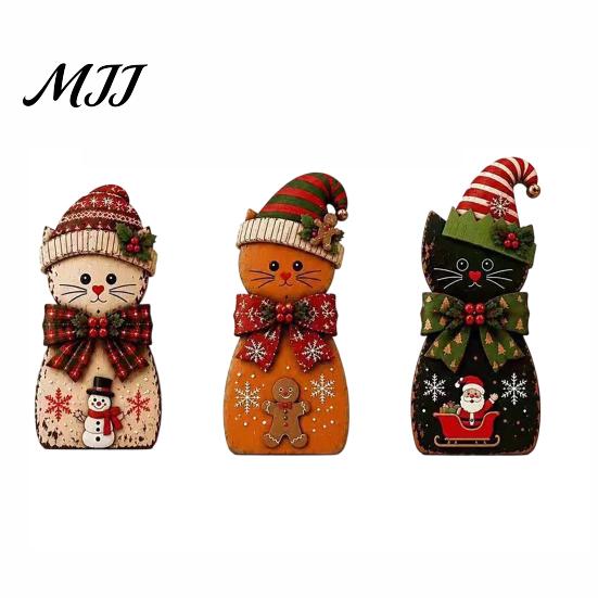 Tiered Tray Display Set 3Pcs Wooden Christmas Cat Tabletop Decor, Rustic 2D Figurines with Xmas Indoor Winter Home Decorations Hat, Santa &