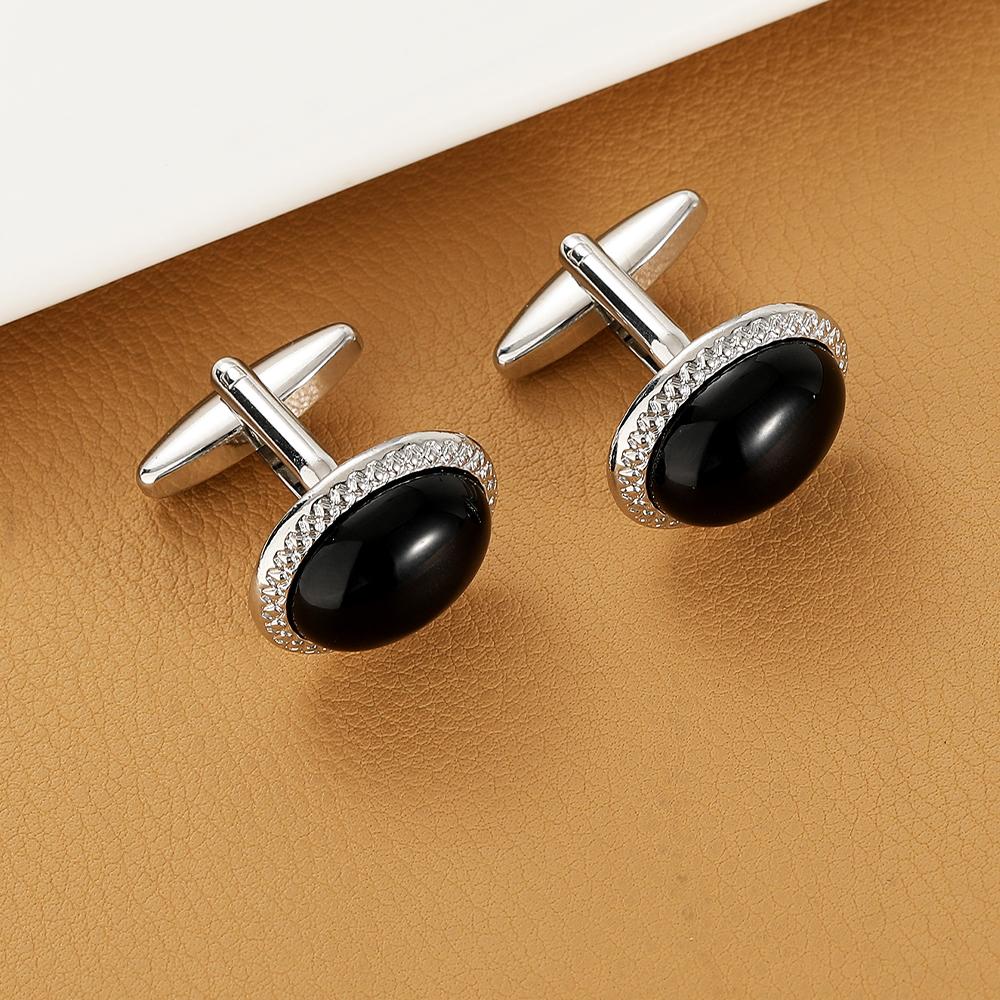 2 Pcs Black Cabochon Glass Design Mens Cufflinks Funny Oval Ellipse Shaped Sleeve Button