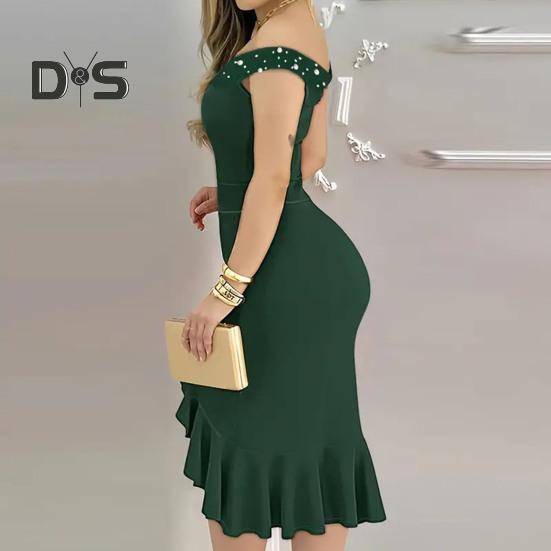 Evening Dress Off Shoulder Sheath Sleeveless Irregular Ruffle Hem Slim Fit Solid Color Faux Pearl Decor Midi Dress for Party Prom Wedding