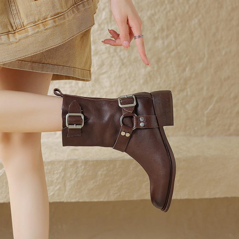 Fashion 2024 Autumn Women Boots Genuine Leather Women Shoes Round Toe Chunky Heel Boots Winter Modern Boots Mid-calf Platform Boots
