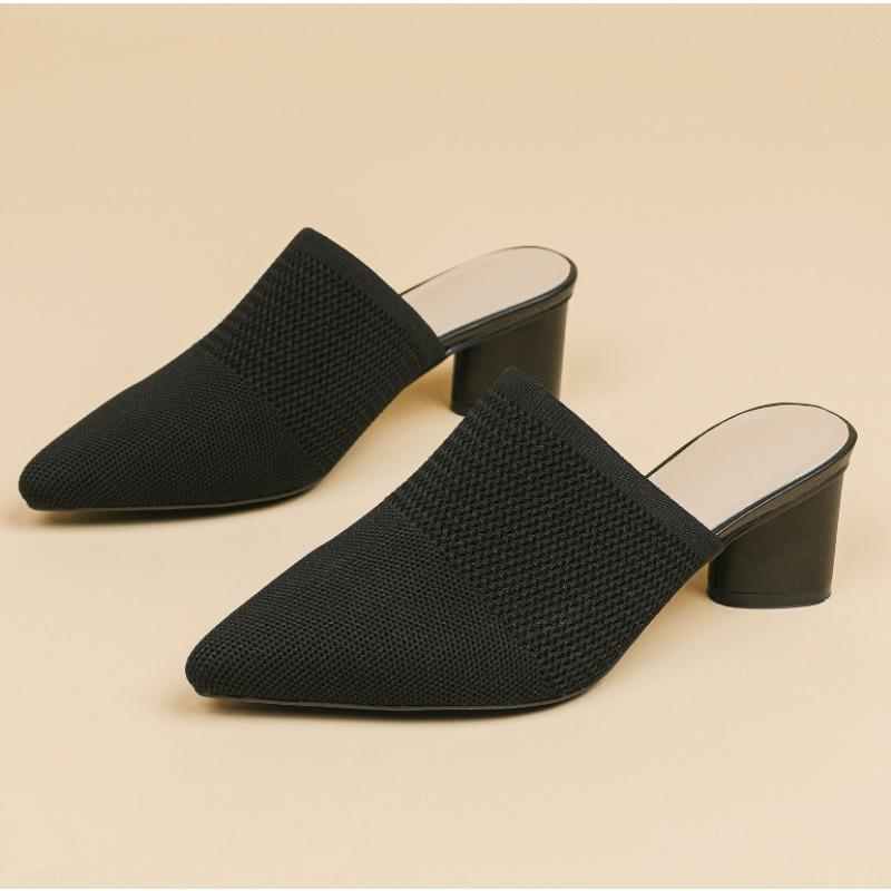 Damen Spitz Gestrickte Hohe Absätze Schuhe Sommer Hausschuhe Elegante Klobige Hohe Absätze Baotou Solide Damenschuhe Weibliche Sandalen