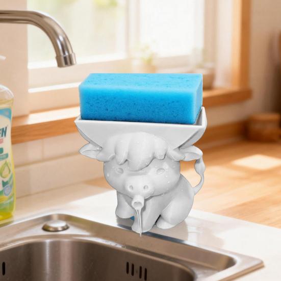 Yousheng Highland Cow Sponge Holder with Drainage Bathroom Kitchen Sink Countertop 3D Printed Cattle Sponge Stand Multifunctional Sponge Organizer