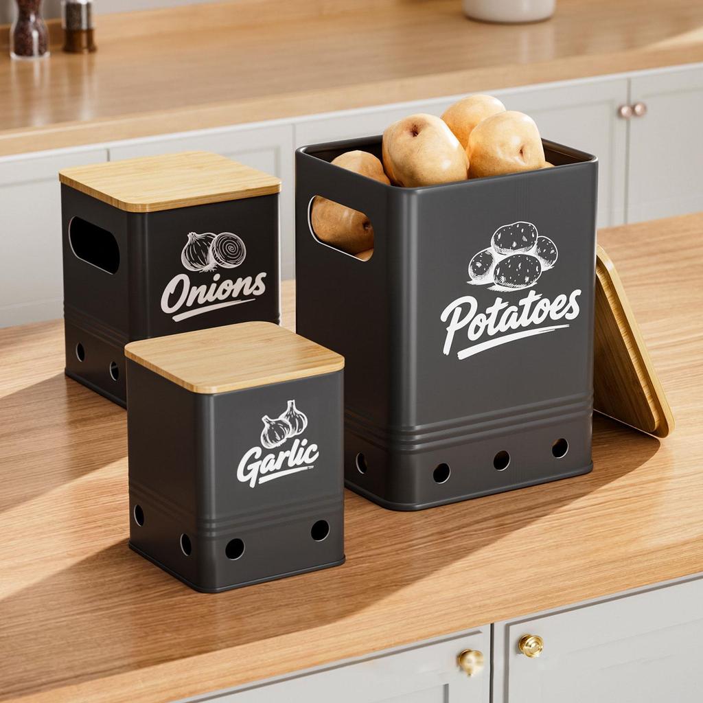 3 Pieces Garlic Storage Bin Kitchen Canisters Set Potato Onion Metal Vegetable Tins