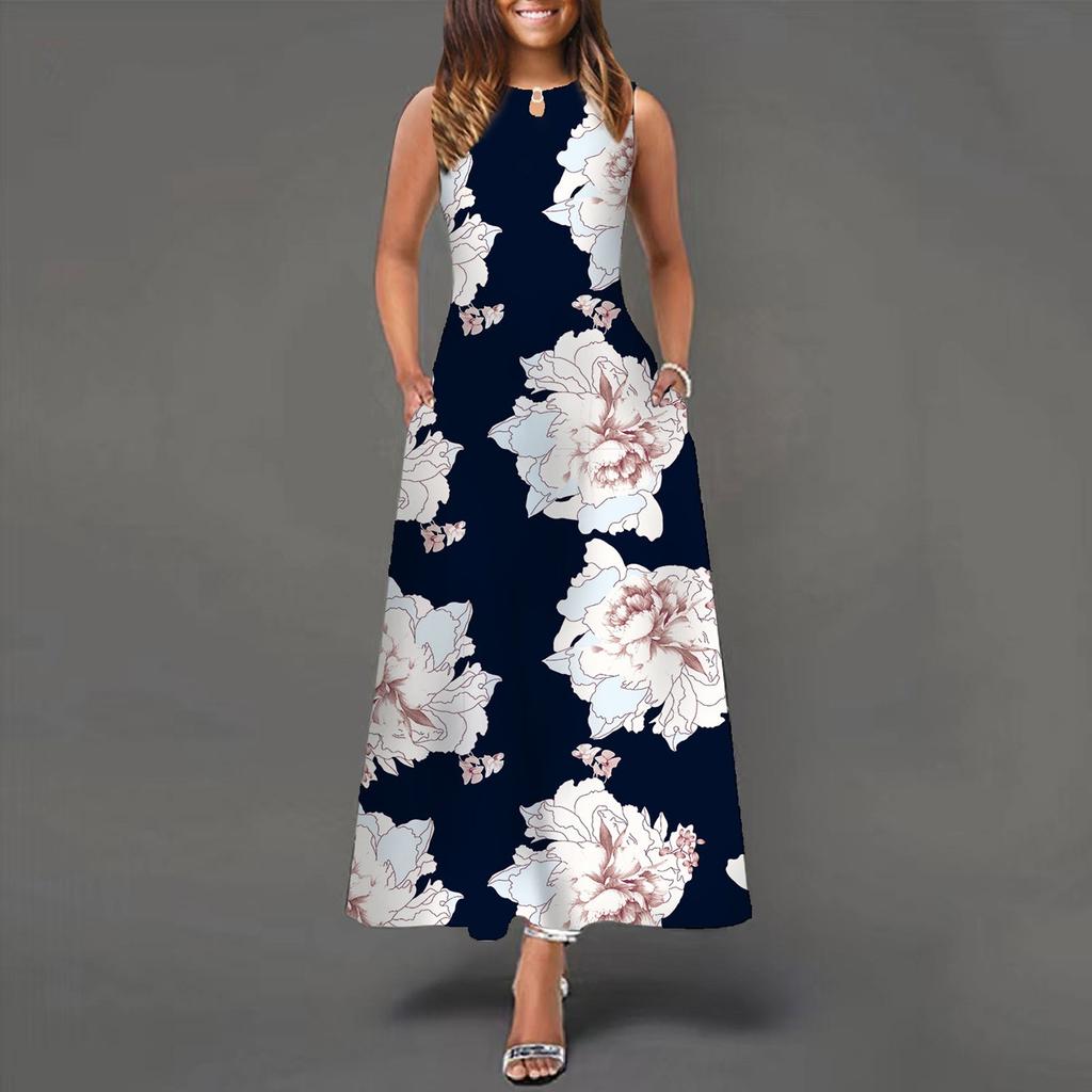 Women's Casual Printing Big Hem Dresswave Round Neck Sleeveless Long Dress