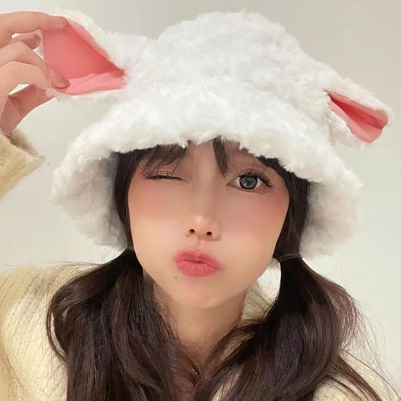 Women'S Lamb Ear Hat Cute Multi-Functional Fisherman Hat Autumn Winter Cap